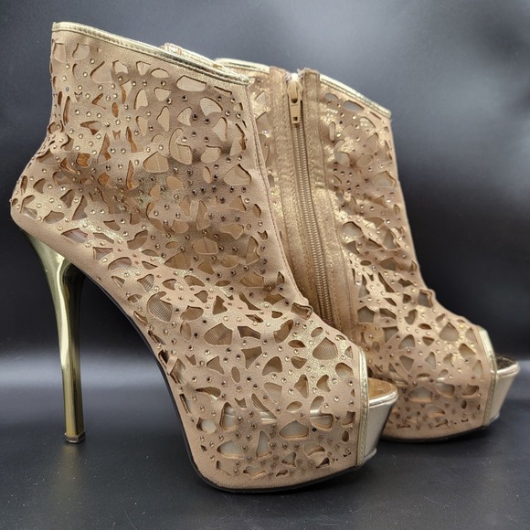 Two-Lips Shoes - Two Lips Gold Metallic Laser Cut Stiletto Heels Size 9 Y2K Club Party Dancer